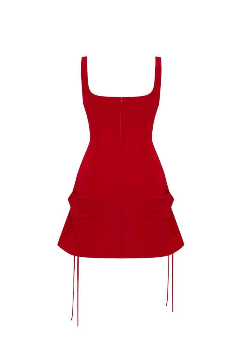 Red Zeynep Tosun Rosetta Red mini dress displayed from the back, featuring a fitted silhouette and stylish design.