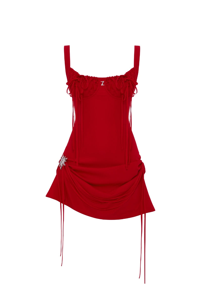 Zeynep Tosun Rosetta Red mini dress with fitted silhouette and sleeveless design, front view showcasing elegant style.