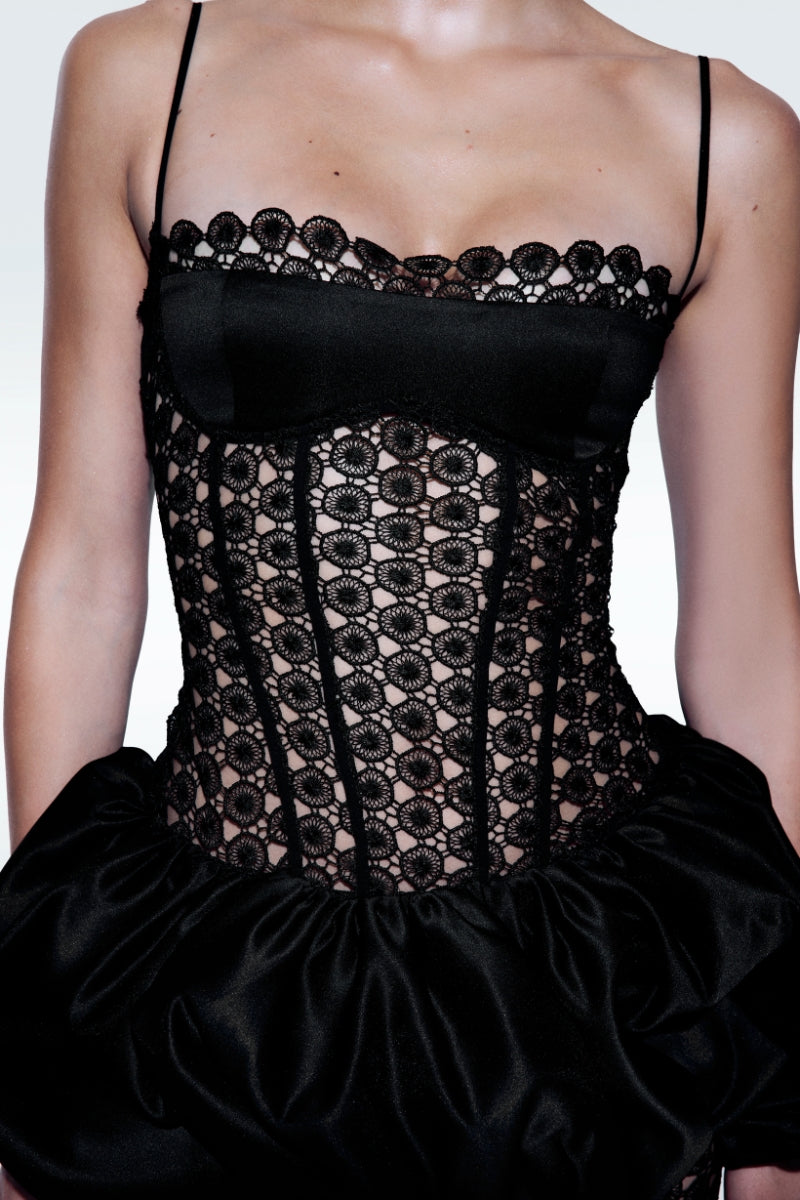 Black Broderie midi dress by Zeynep Tosun featuring intricate embroidery and a stylish, elegant silhouette.