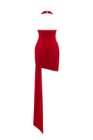 Red draped jersey mini dress by Zeynep Tosun, shown from the back with a stylish, flowing silhouette and elegant draping details.