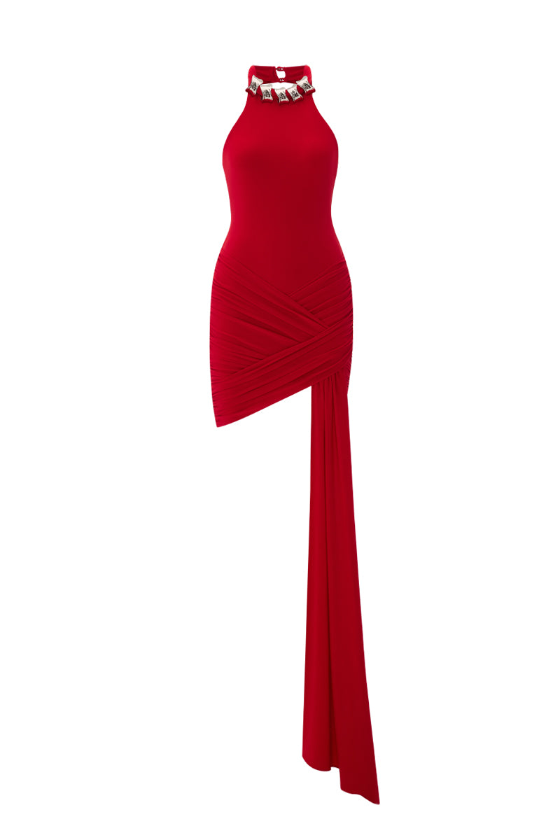 Red draped jersey mini dress by Zeynep Tosun, featuring a stylish front view with elegant draping details.