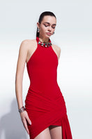 Red draped jersey mini dress by Zeynep Tosun, featuring a stylish and elegant design perfect for any occasion.
