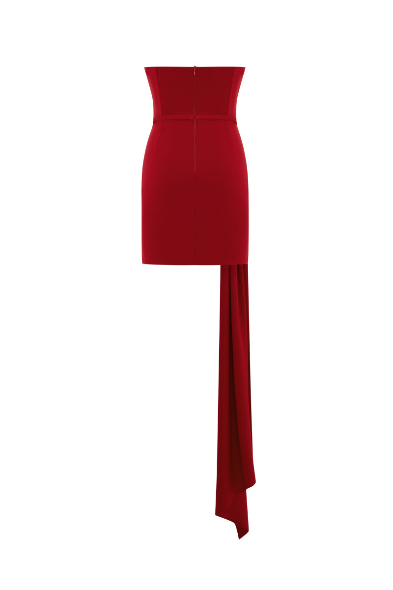 Red strapless mini dress by Zeynep Tosun featuring intricate corset detailing, shown from the back.