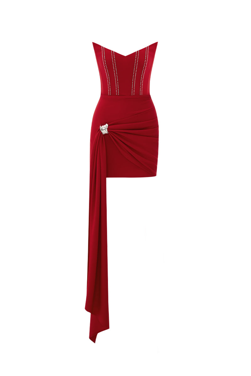 CORSET DETAILED STRAPLESS MINI DRESS IN RED - CULT MIA