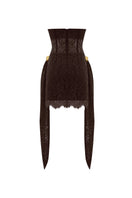 Back view of Zeynep Tosun brown strapless corset mini dress showcasing fitted bodice and sleek design.