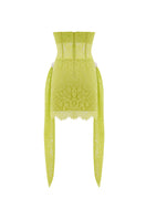 Zeynep Tosun lime strapless corset mini dress displayed on a model, showcasing fitted bodice and vibrant color.