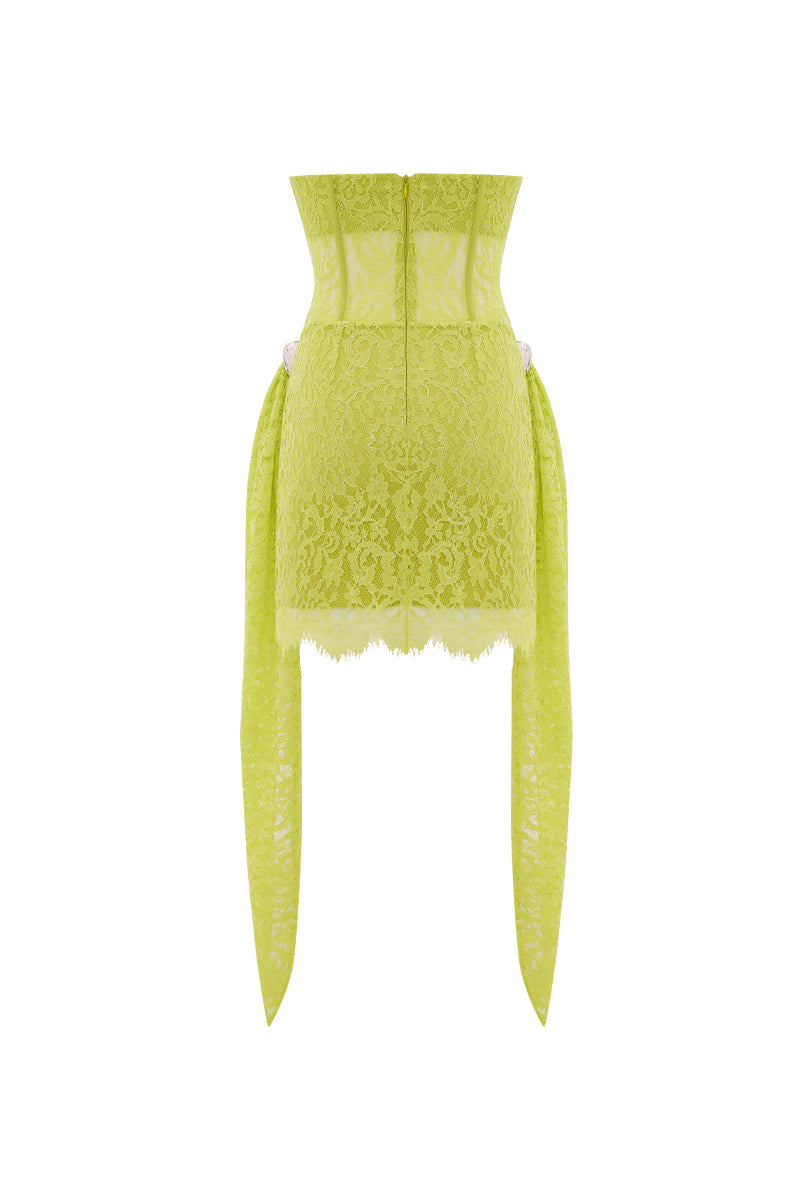 Zeynep Tosun lime strapless corset mini dress displayed on a model, showcasing fitted bodice and vibrant color.