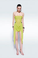 Zeynep Tosun strapless lime mini dress with fitted bodice and flared skirt, perfect for stylish evening wear.