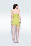 Zeynep Tosun strapless lime mini dress with fitted bodice and flared skirt, perfect for stylish evening wear.