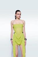 Zeynep Tosun lime strapless corset mini dress, fitted bodice with structured design, sleeveless style, on a mannequin.