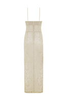 Zeynep Tosun beige strapless corset midi dress shown from the back, featuring fitted bodice and elegant midi length.