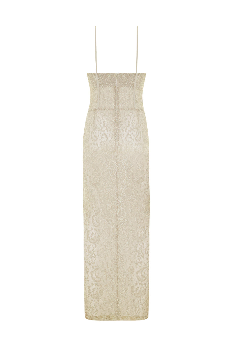 Zeynep Tosun beige strapless corset midi dress shown from the back, featuring fitted bodice and elegant midi length.