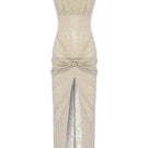 Beige strapless corset midi dress by Zeynep Tosun, featuring a fitted bodice and elegant midi length, front view.