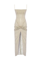 Beige strapless corset midi dress by Zeynep Tosun, featuring a fitted bodice and elegant midi length, front view.