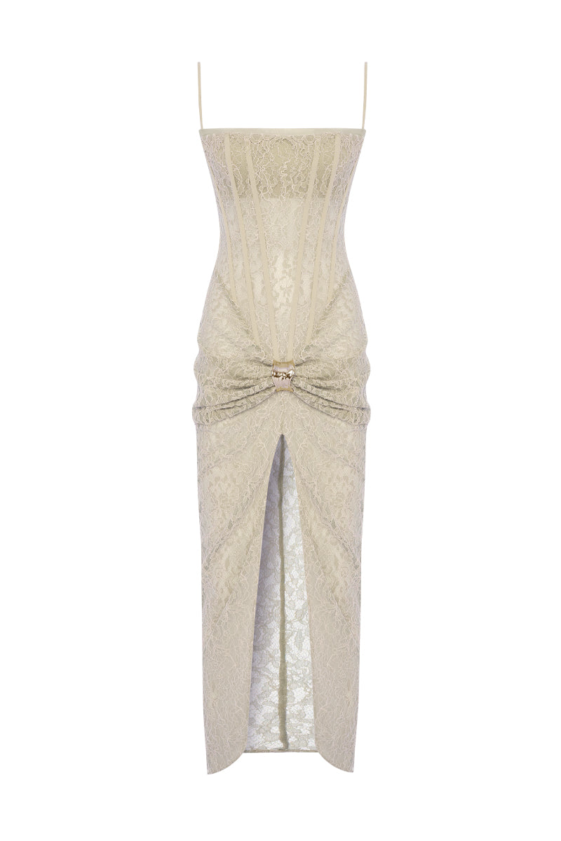 Beige strapless corset midi dress by Zeynep Tosun, featuring a fitted bodice and elegant midi length, front view.