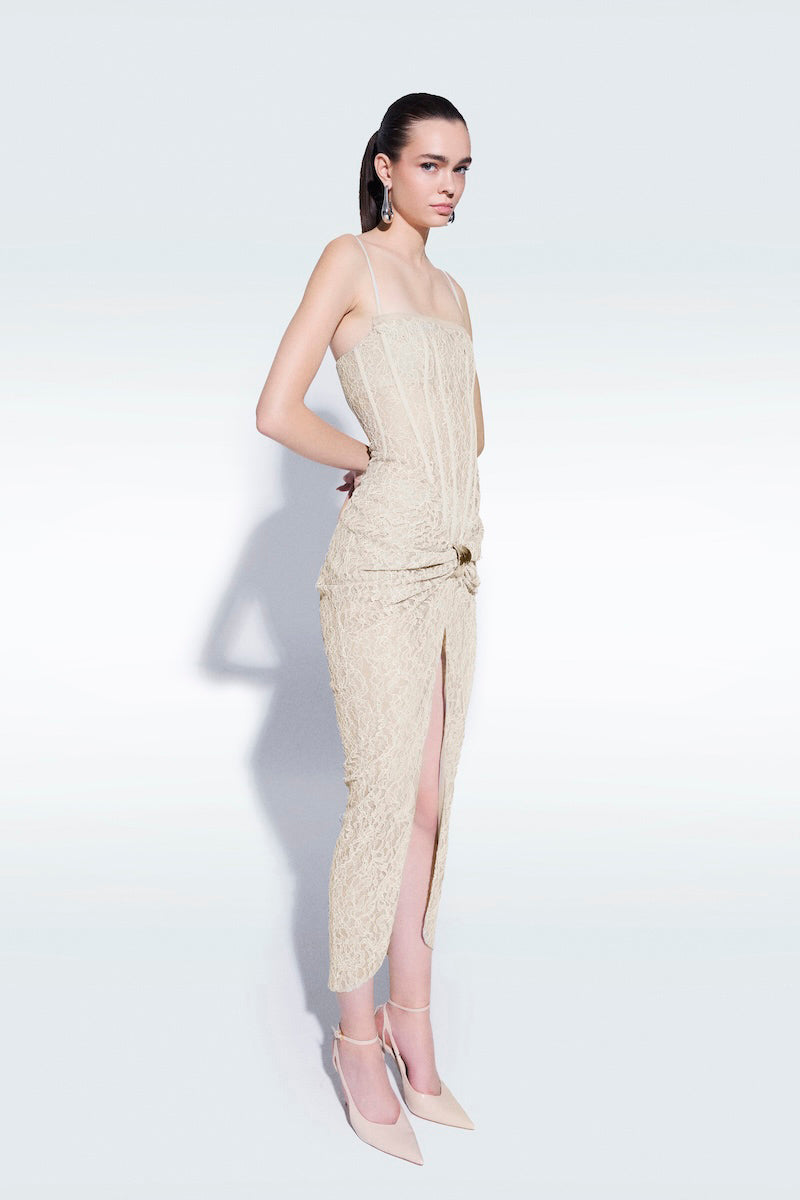 STRAPLESS CORSET MIDI DRESS IN BEIGE | CULT MIA STRAPLESS CORSET MIDI DRESS IN BEIGE | CULT MIA