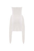 White strapless mini dress with detailed corset design by Zeynep Tosun, shown from the back.