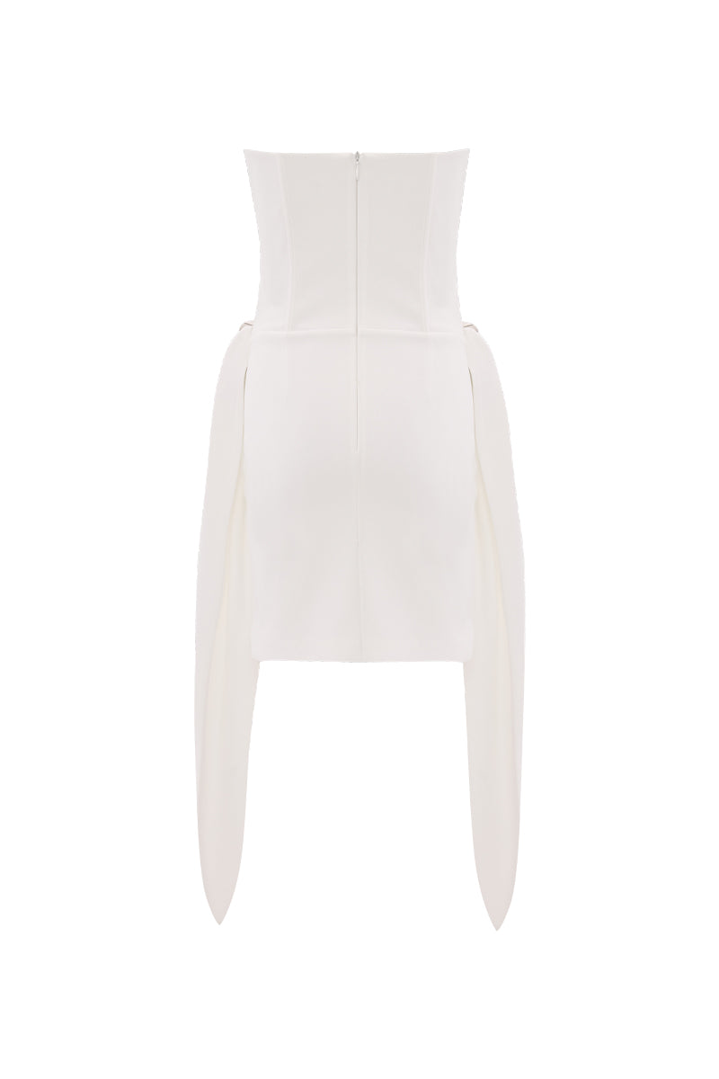 White strapless mini dress with detailed corset design by Zeynep Tosun, shown from the back.