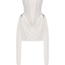White strapless mini dress with detailed corset design by Zeynep Tosun, front view showing fitted silhouette and elegant style.