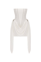 White strapless mini dress with detailed corset design by Zeynep Tosun, front view showing fitted silhouette and elegant style.