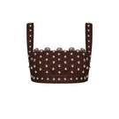 Brown Zeynep Tosun broderie backless top, front view showcasing intricate embroidery and stylish design.