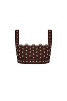 Brown Zeynep Tosun broderie backless top, front view showcasing intricate embroidery and stylish design.