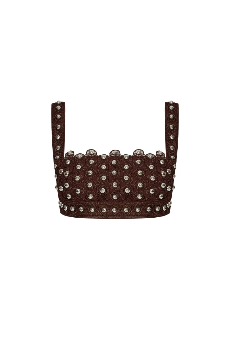 Brown Zeynep Tosun broderie backless top, front view showcasing intricate embroidery and stylish design.
