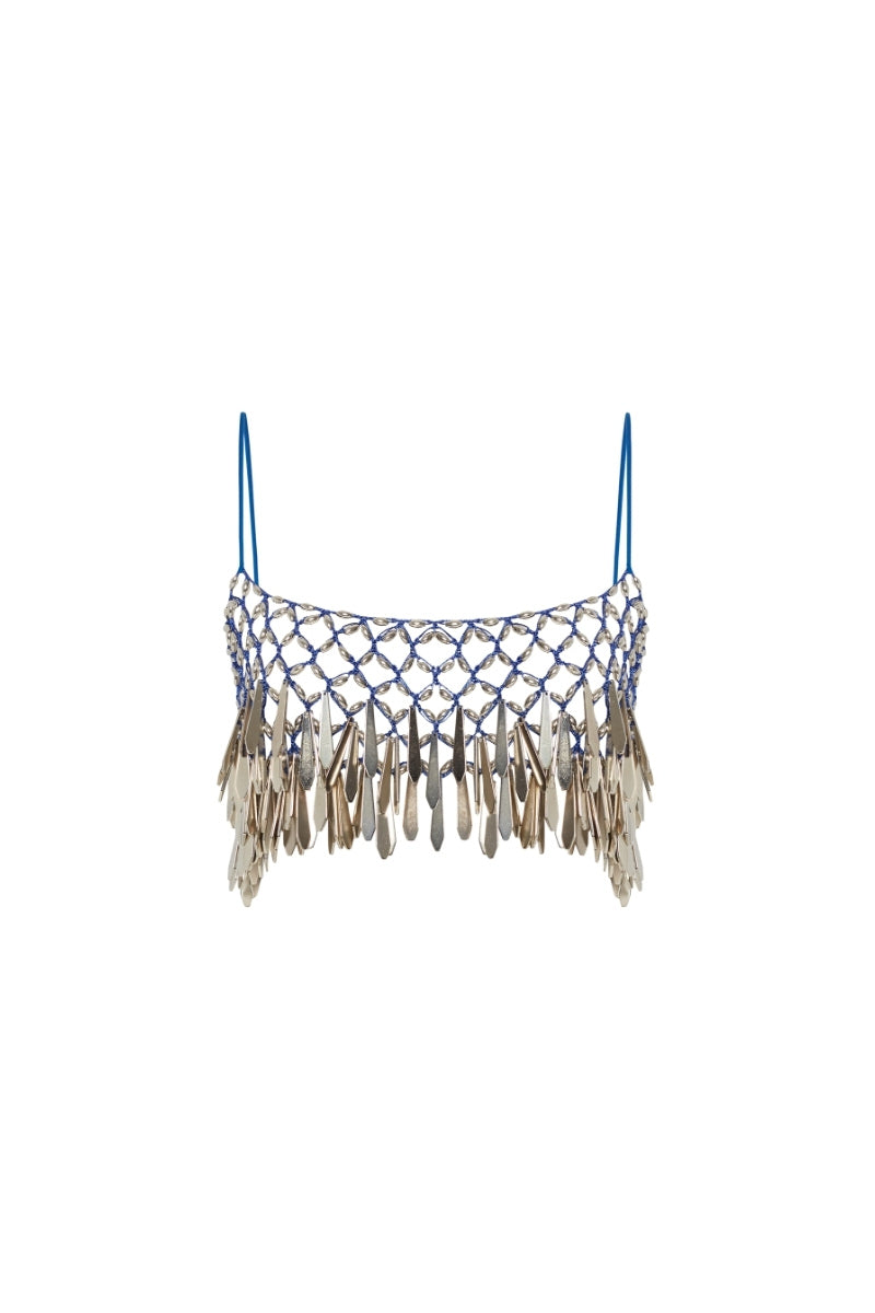 Hand-knitted blue top by Zeynep Tosun, featuring a textured design and fitted style, shown from the front.