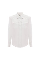 White collar power shirt by Zeynep Tosun, front view, tailored design with a crisp collar and clean lines.