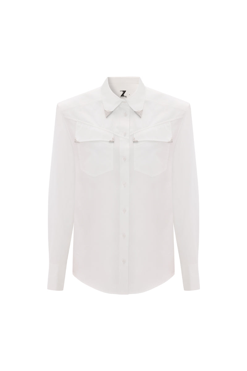 White collar power shirt by Zeynep Tosun, front view, tailored design with a crisp collar and clean lines.