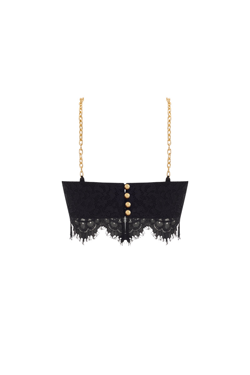 Black mini lace bra top by Zeynep Tosun, featuring delicate lace details and a fitted design, shown from the back view.