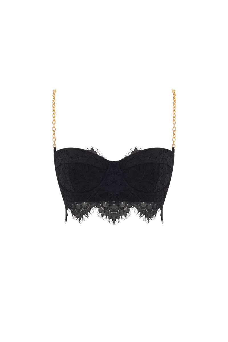 Black mini lace bra top by Zeynep Tosun featuring delicate lace details and a fitted design, front view.