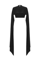 Black draped top with cape detail by Zeynep Tosun, elegant women's fashion top, shown from the back.
