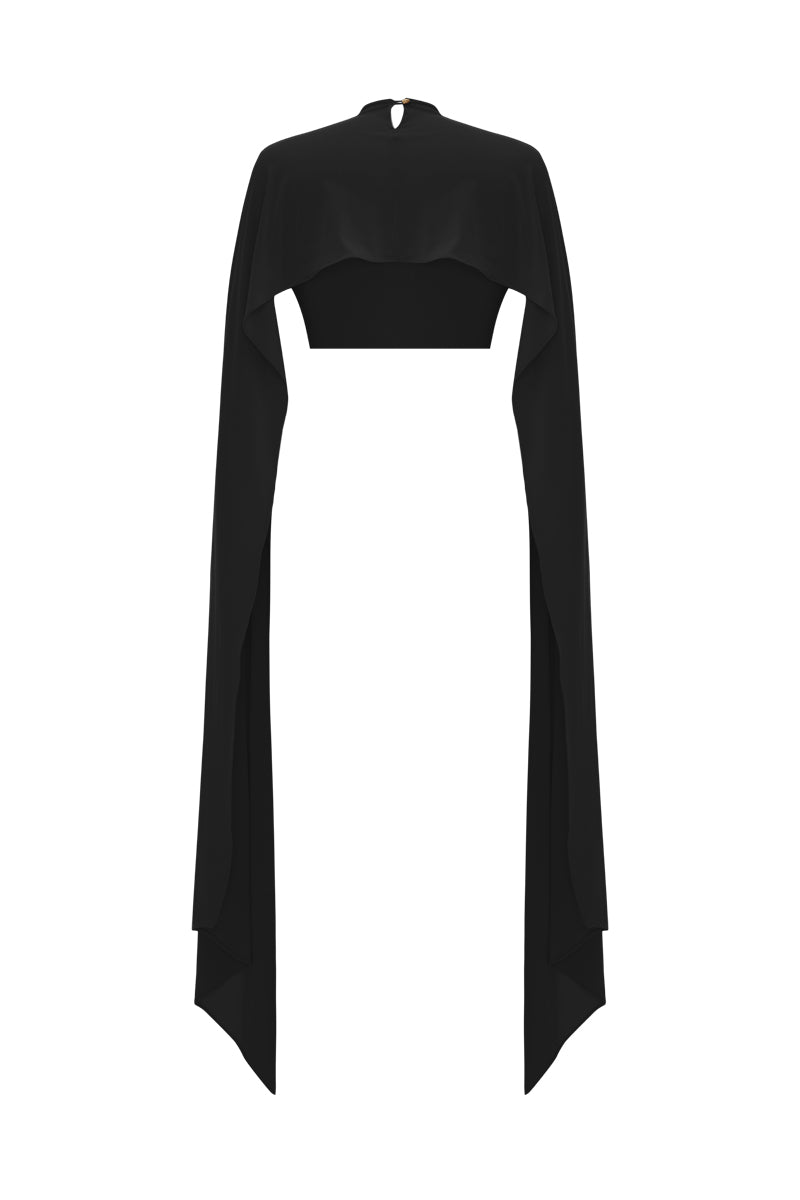 Black draped top with cape detail by Zeynep Tosun, elegant women's fashion top, shown from the back.