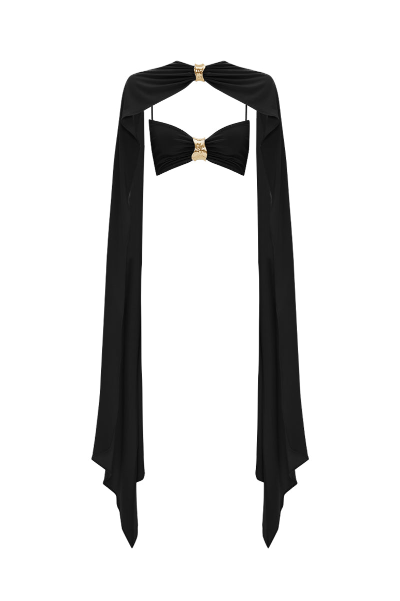 Black draped top with cape detail from Zeynep Tosun, featuring elegant fabric and stylish design, front view.