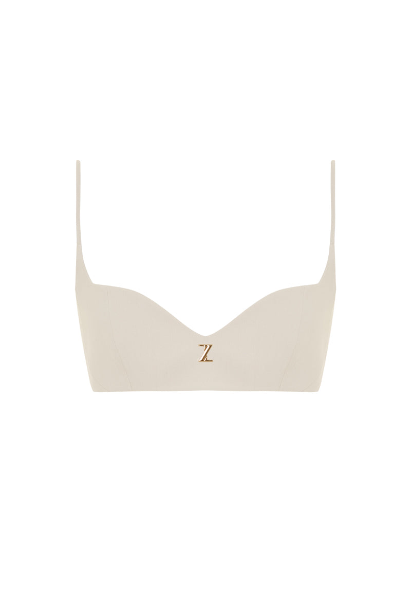 Beige Zeynep Tosun BASIC LOGO TOP, front view showing simple design and brand logo on soft fabric.