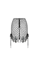 Black hand-knitted mini skirt by Zeynep Tosun, featuring a fitted design and textured knit pattern, shown from the back.