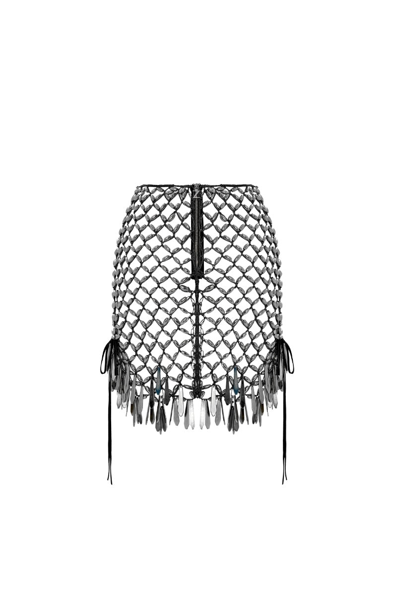 Black hand-knitted mini skirt by Zeynep Tosun, featuring a fitted design and textured knit pattern, shown from the back.