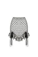 Hand-knitted black mini skirt by Zeynep Tosun, showing front view with intricate knit pattern and fitted waist.