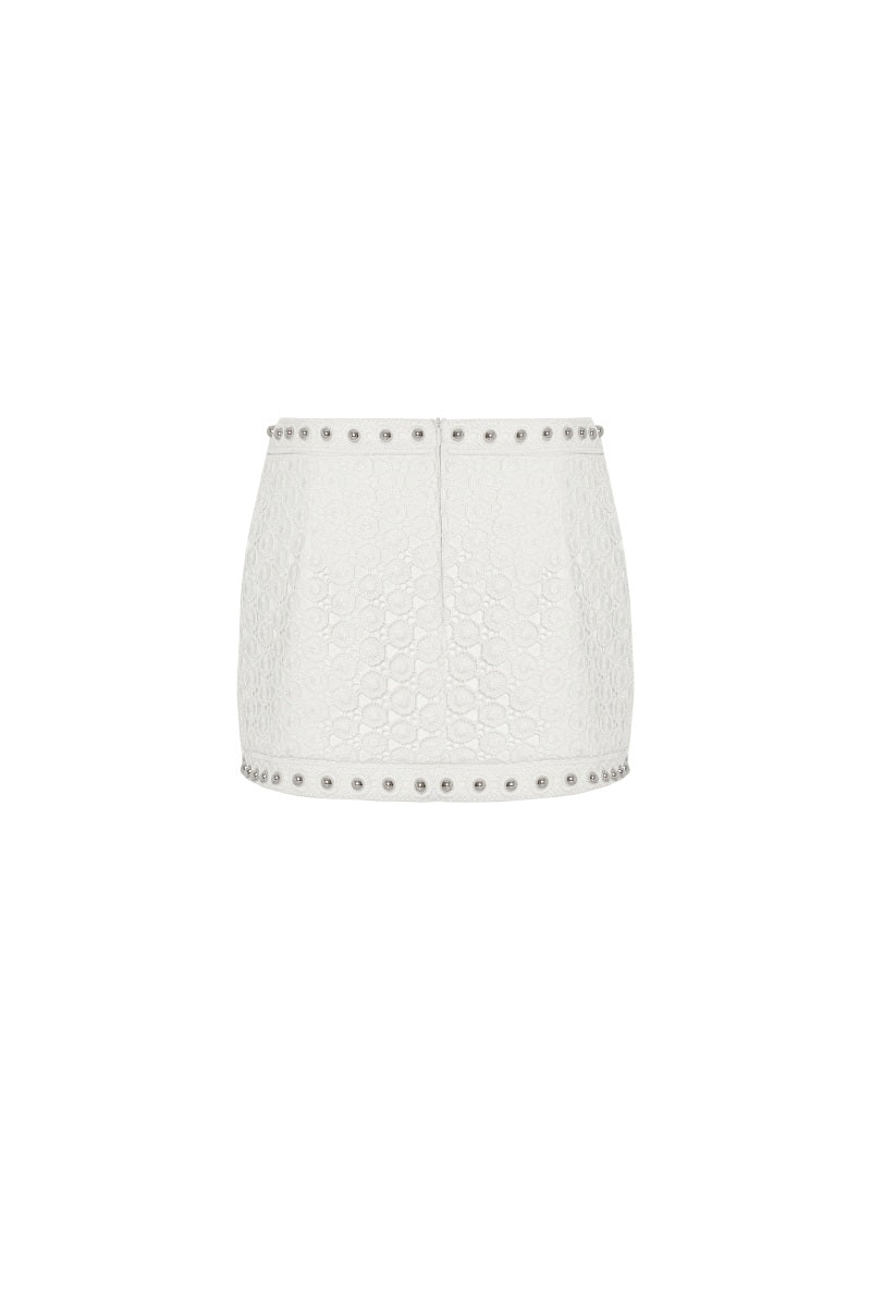 Zeynep Tosun off-white broderie mini skirt with intricate embroidery, back view showing detailed craftsmanship.