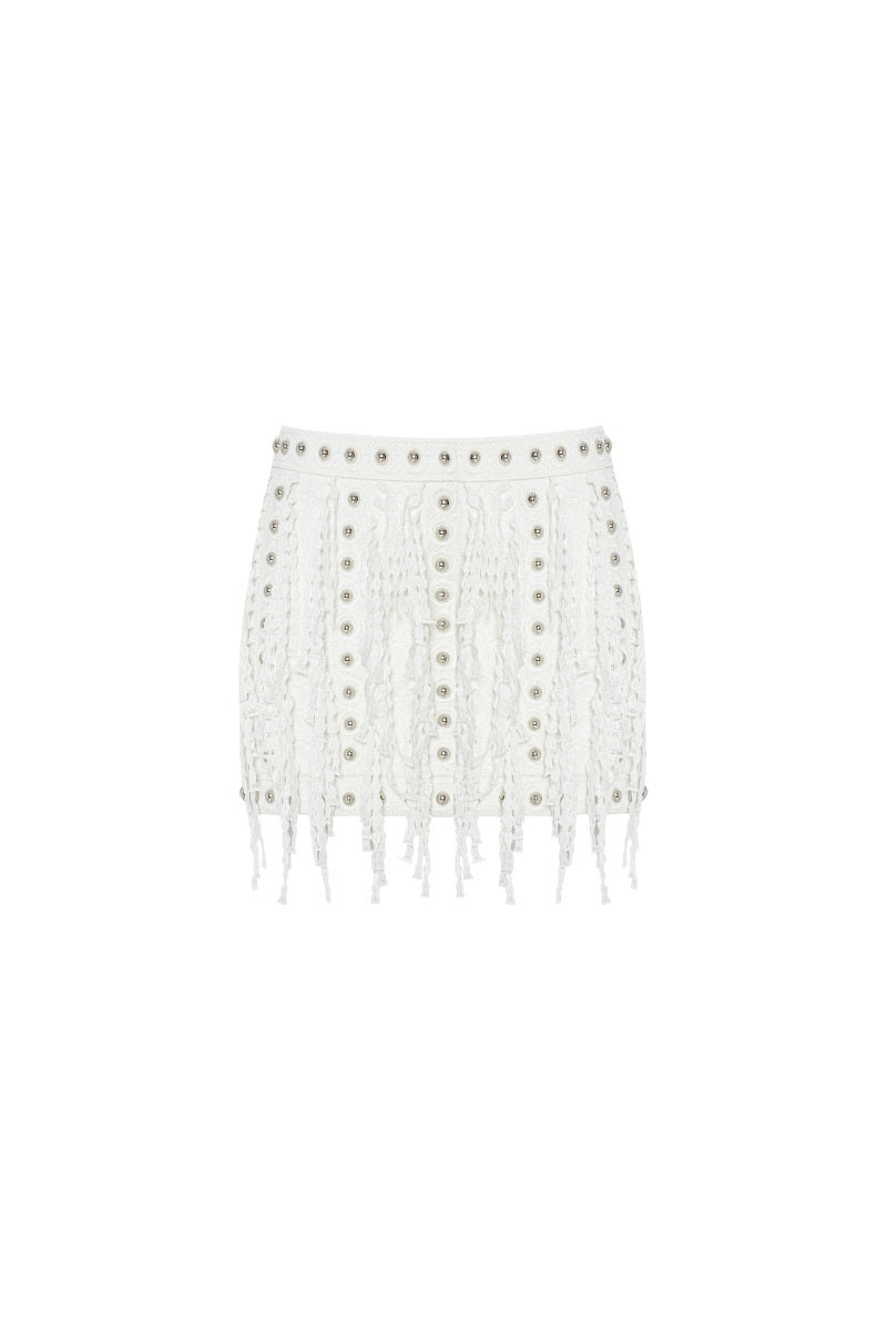 Zeynep Tosun broderie off-white mini skirt with intricate embroidery, front view showcasing detailed craftsmanship.