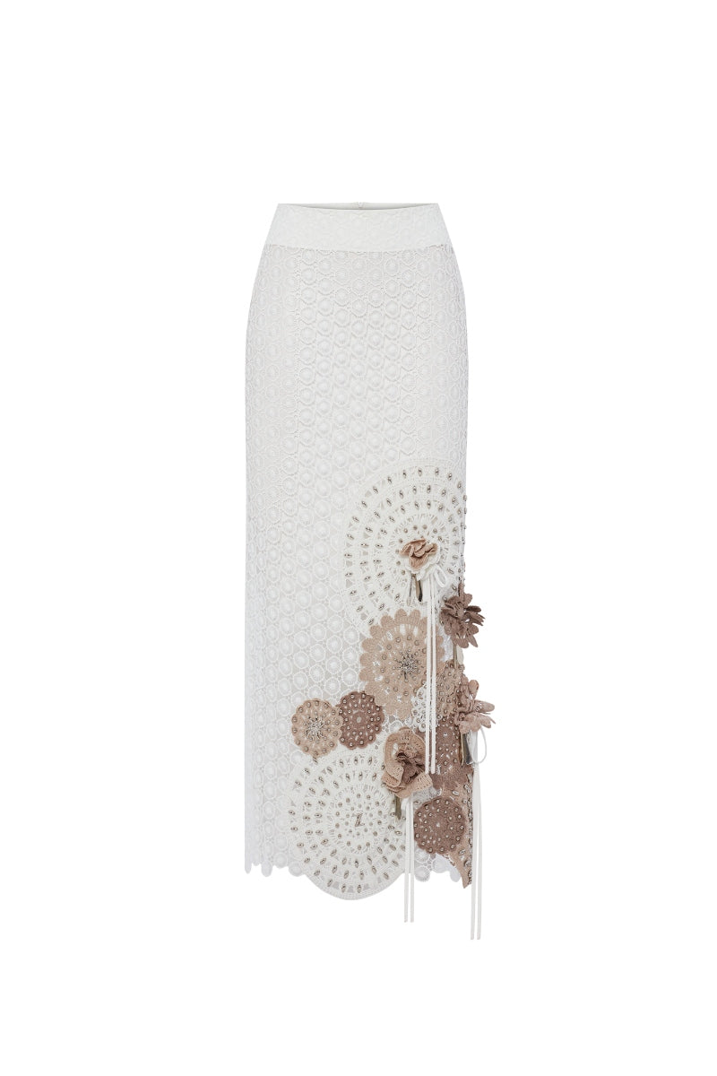 Zeynep Tosun midi length broderie skirt in off-white with intricate embroidery, front view showcasing elegant design.