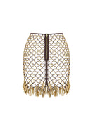 Back view of Zeynep Tosun hand-knit metallic brown mini skirt with a fitted silhouette and textured knit pattern.