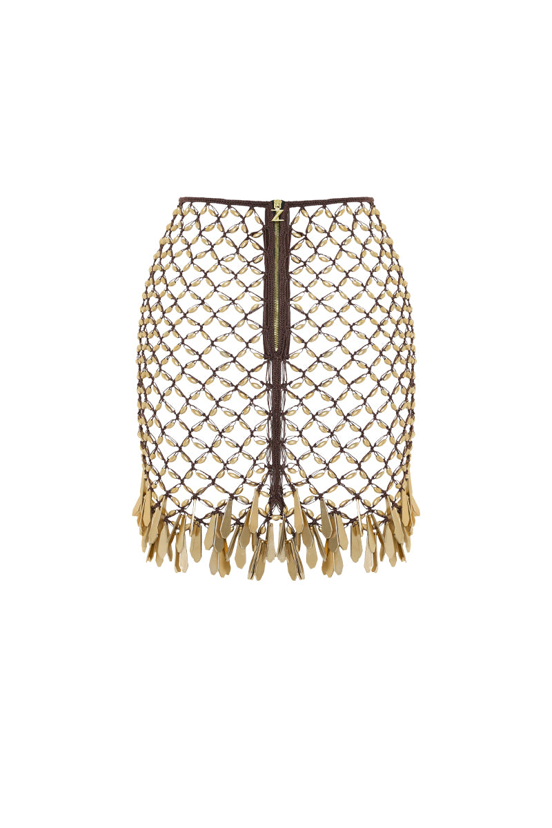 Back view of Zeynep Tosun hand-knit metallic brown mini skirt with a fitted silhouette and textured knit pattern.