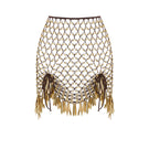 Hand-knit metallic brown mini skirt by Zeynep Tosun, shown from the front, featuring a textured knit design and fitted silhouette.