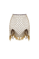 Hand-knit metallic brown mini skirt by Zeynep Tosun, shown from the front, featuring a textured knit design and fitted silhouette.