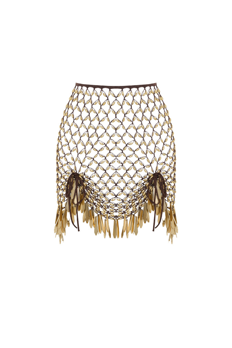 Hand-knit metallic brown mini skirt by Zeynep Tosun, shown from the front, featuring a textured knit design and fitted silhouette.