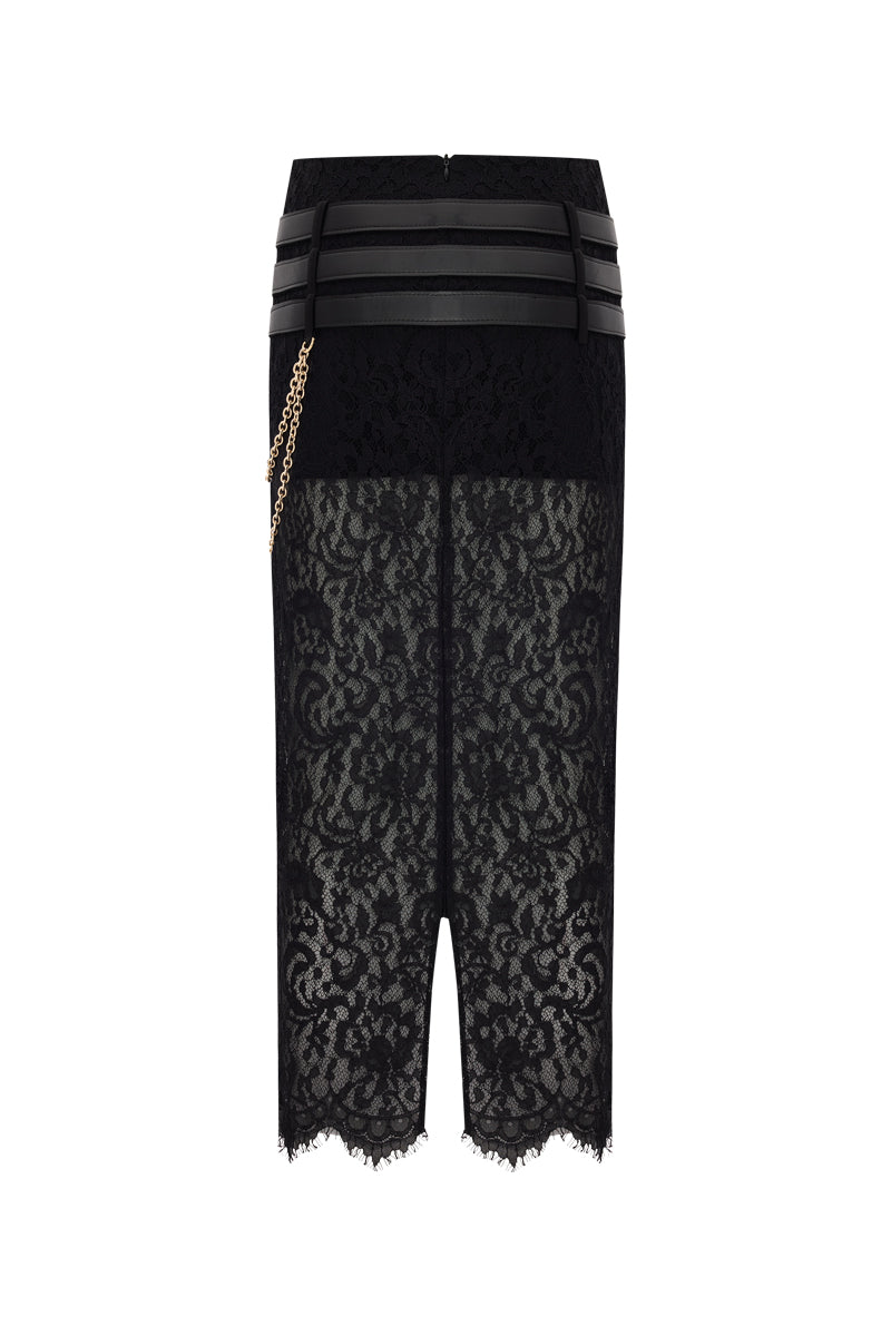 Black lace midi skirt with belts by Zeynep Tosun, shown from the back with intricate lace details and stylish belt accents.