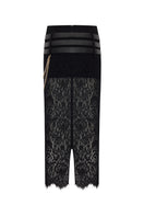 Black lace midi skirt with belts by Zeynep Tosun, shown from the back, featuring intricate lace detailing and stylish belt accents.