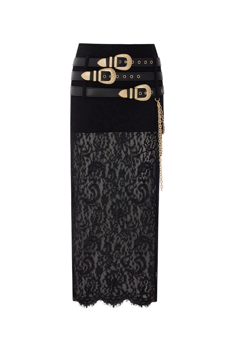 Black lace midi skirt with belt detail from Zeynep Tosun, featuring a fitted waist and elegant design.